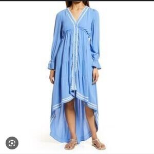 BTFL-life Chic Long Sleeve Blue Dress with Lace Trim